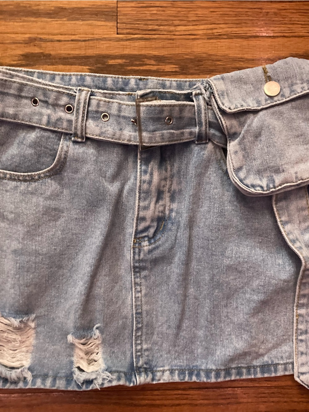 Light wash denim mini skirt